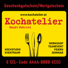 Laden Sie das Bild in den Galerie-Viewer, Gutschein: Kochatelier St. Gabriel Geschenkgutschein
